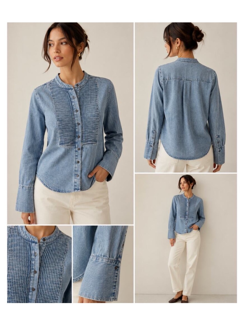 Quince Distressed Denim Tuxedo Shirt Pintuck Full Button Up L Modern Minimalist